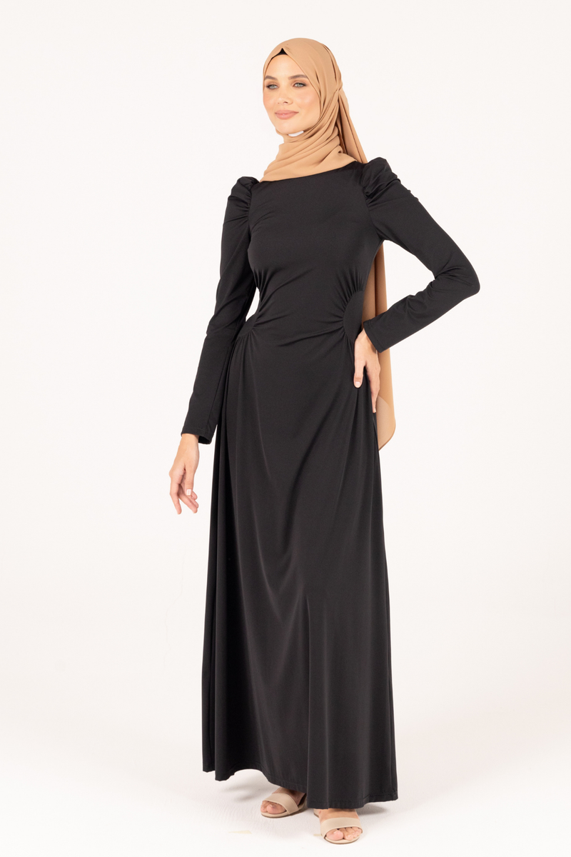 Modest A-Line Waisted Stretchy Dress - Black