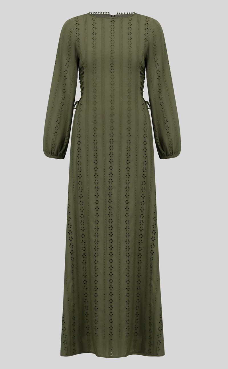 100% cotton lace embroidery dress - Olive Green