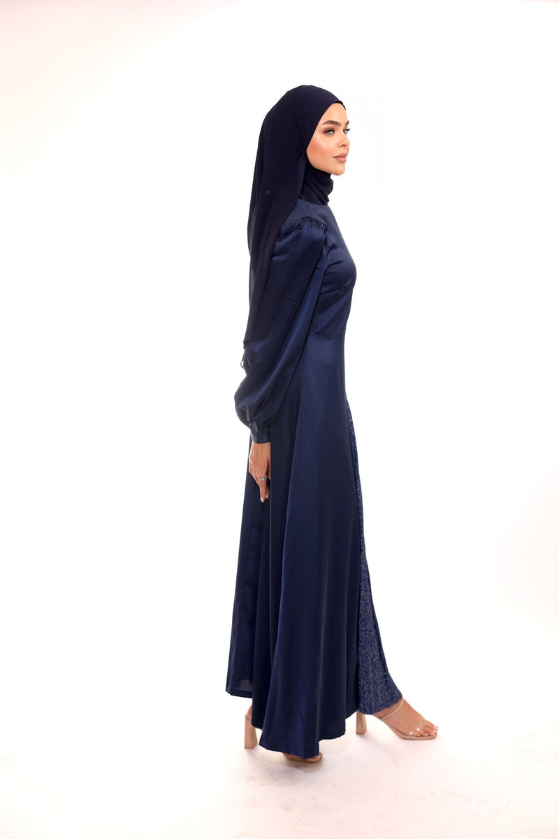 Deluxe Satin Maxi Dress With Glitter Split - Navy Blue