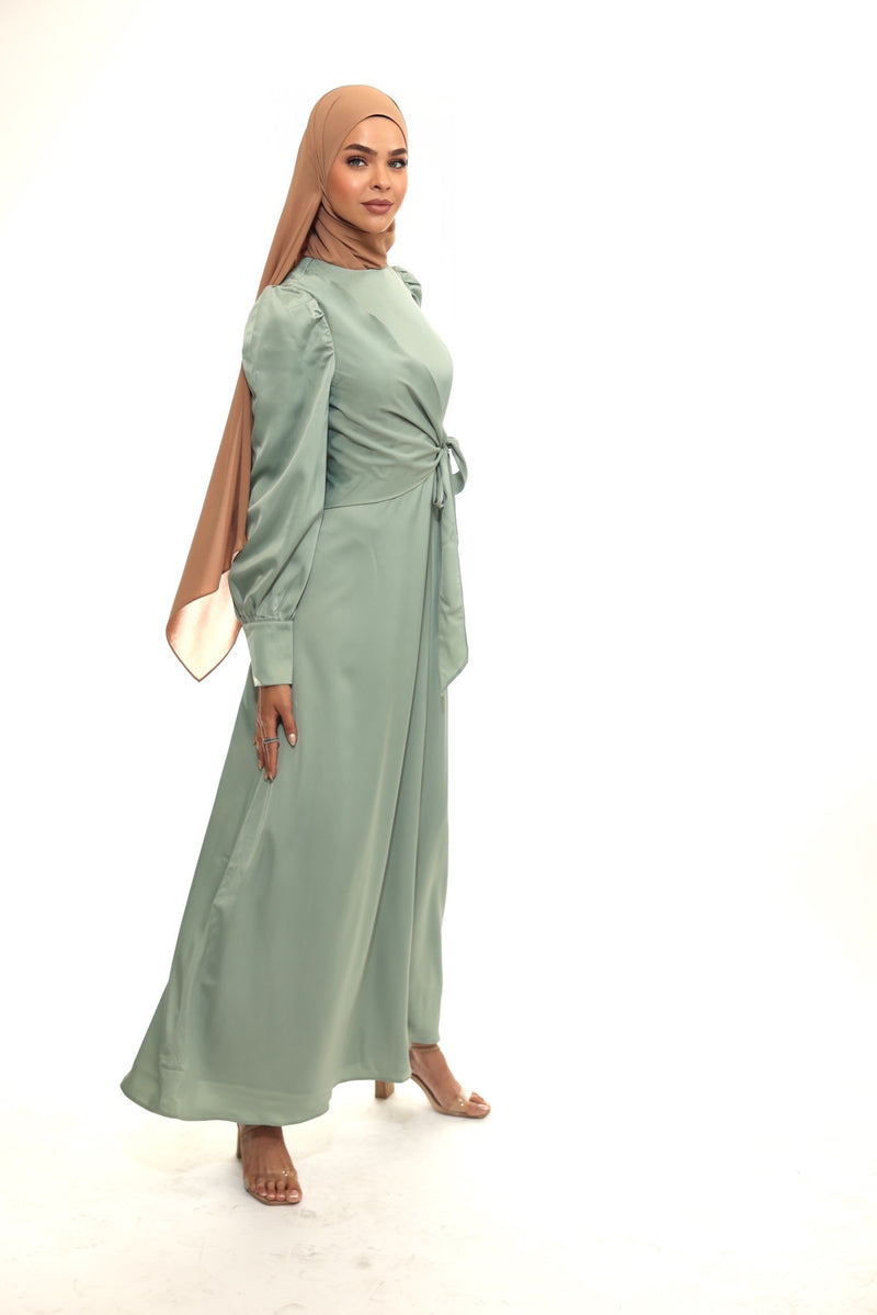 Classic Elegant Satin Wrap Maxi Dress - Light Green