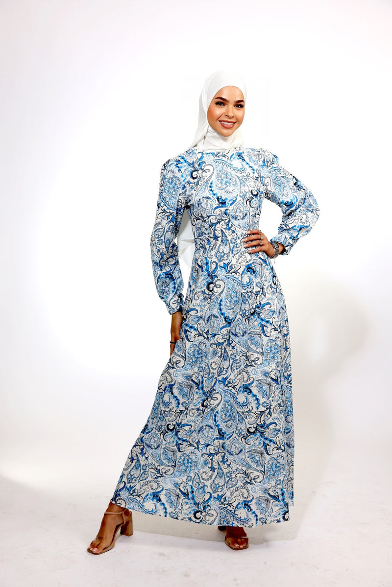 Luxury 100% Printed Cotton Modest Dress - Blue