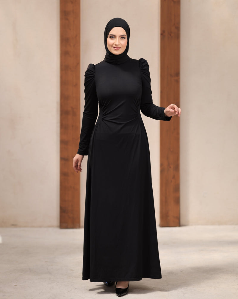 Modest A-Line Waisted Stretchy Dress - Black