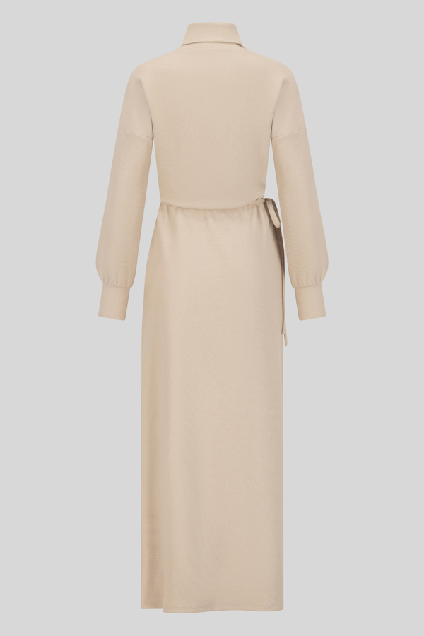 Chamomel Dresses Basic Thick Winter Material Waisted Dress  - Beige