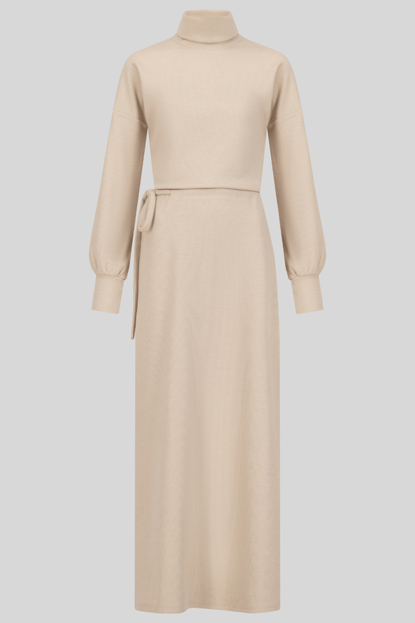 Chamomel Dresses Basic Thick Winter Material Waisted Dress  - Beige