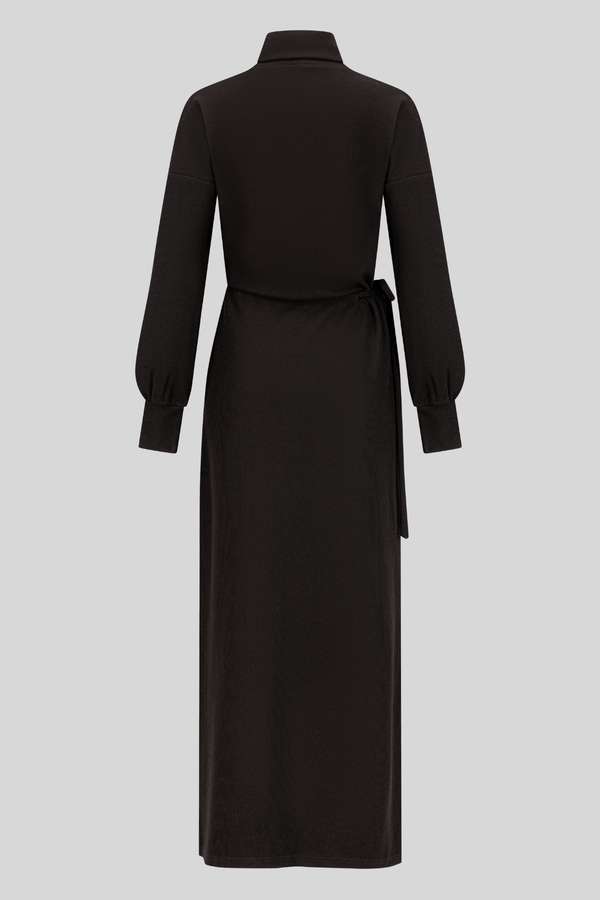 Chamomel Dresses Basic Thick Winter Material Waisted Dress  - Black