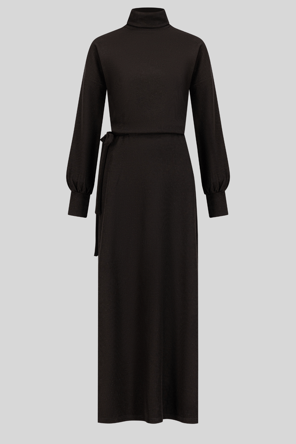 Chamomel Dresses Basic Thick Winter Material Waisted Dress  - Black