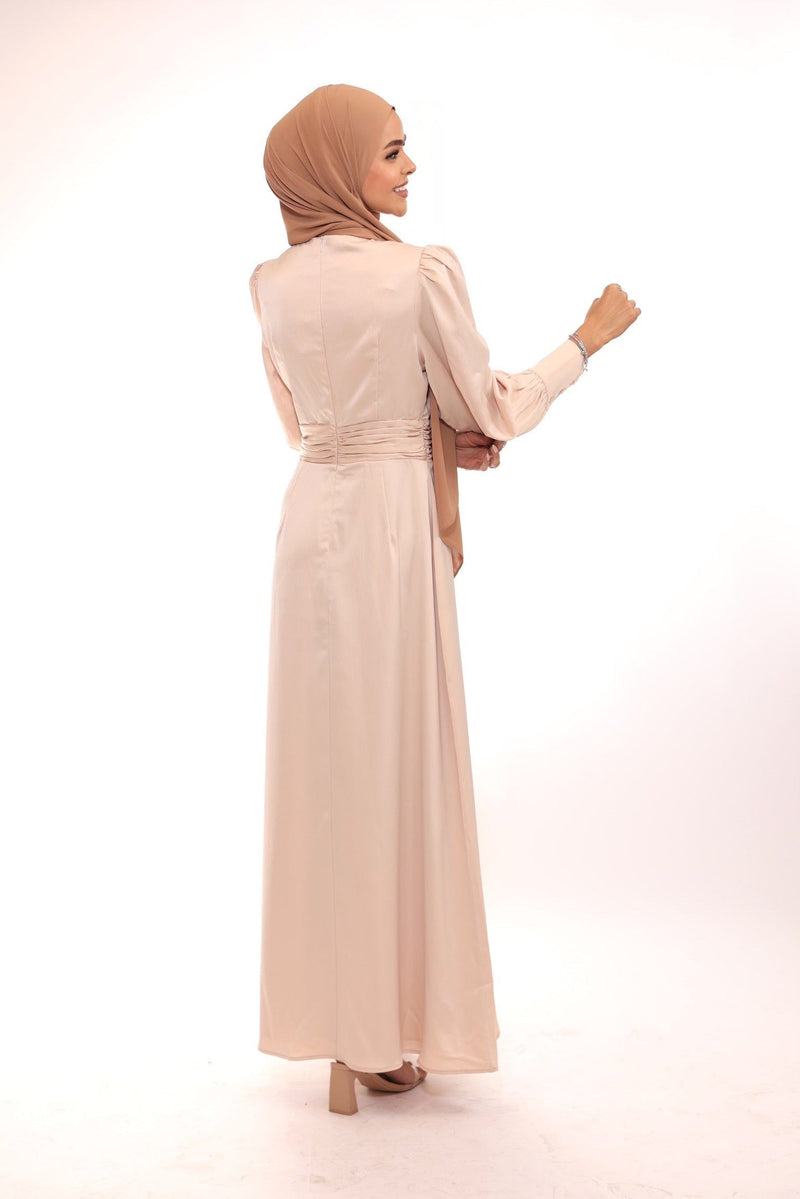 Chamomel Dresses Classic Elegant Satin Waisted Maxi Dress - Beige