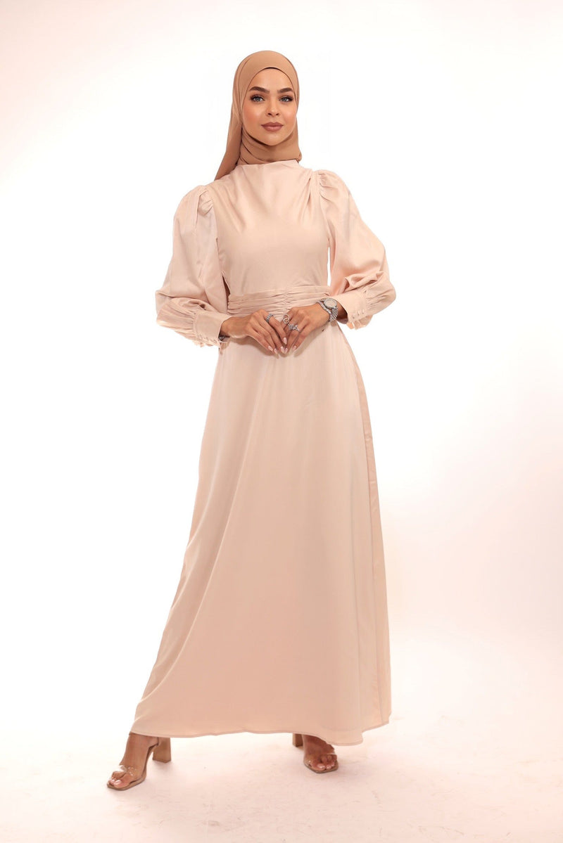 Chamomel Dresses Classic Elegant Satin Waisted Maxi Dress - Beige