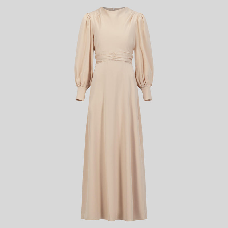 Chamomel Dresses Classic Elegant Satin Waisted Maxi Dress - Beige