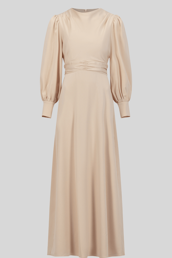 Chamomel Dresses Classic Elegant Satin Waisted Maxi Dress - Beige