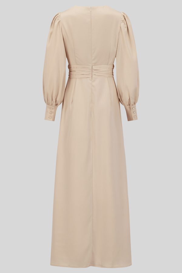 Chamomel Dresses Classic Elegant Satin Waisted Maxi Dress - Beige