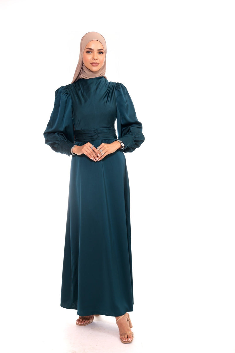 Chamomel Dresses Classic Elegant Satin Waisted Maxi Dress - Turquoise