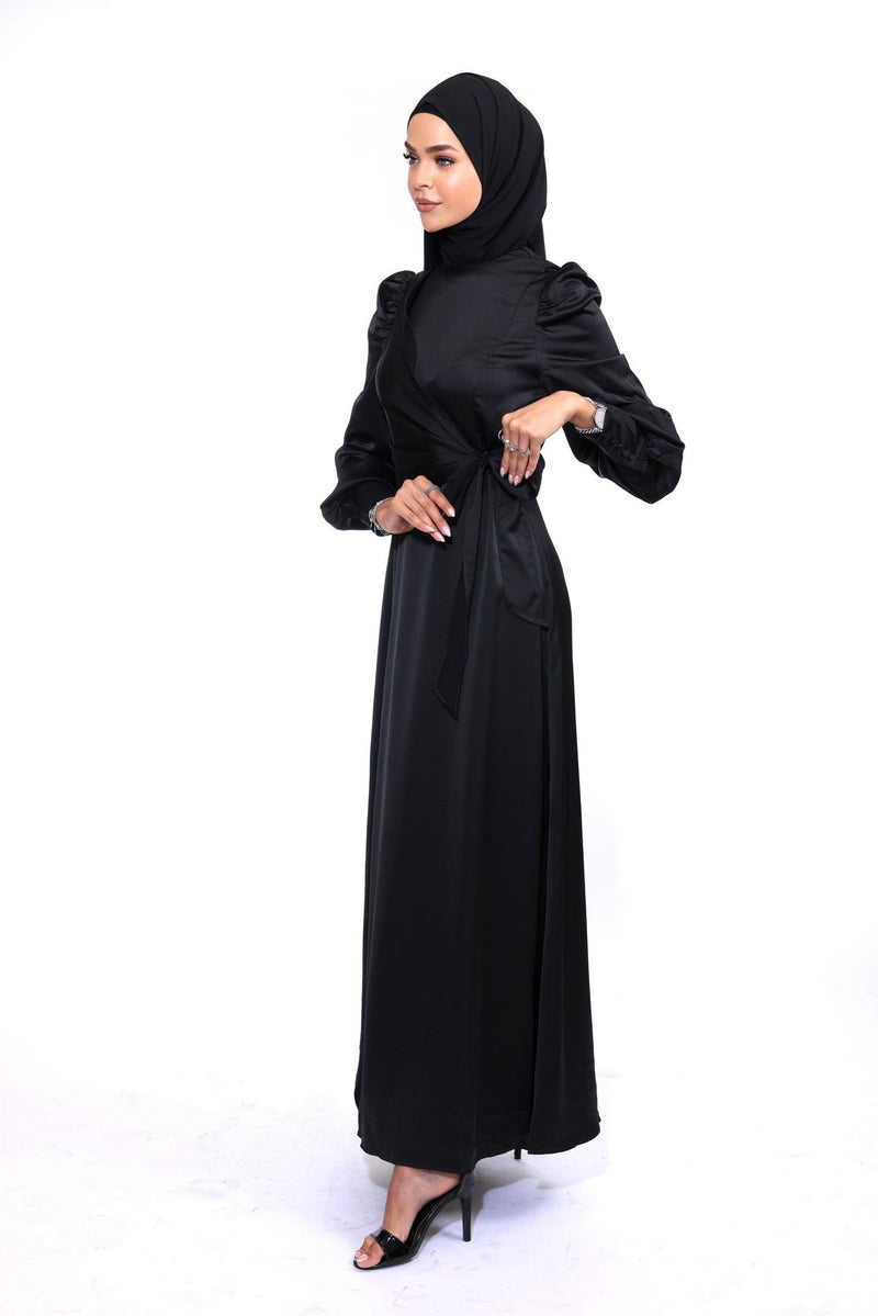 Chamomel Dresses Classic Elegant Satin Wrap Maxi Dress - Black