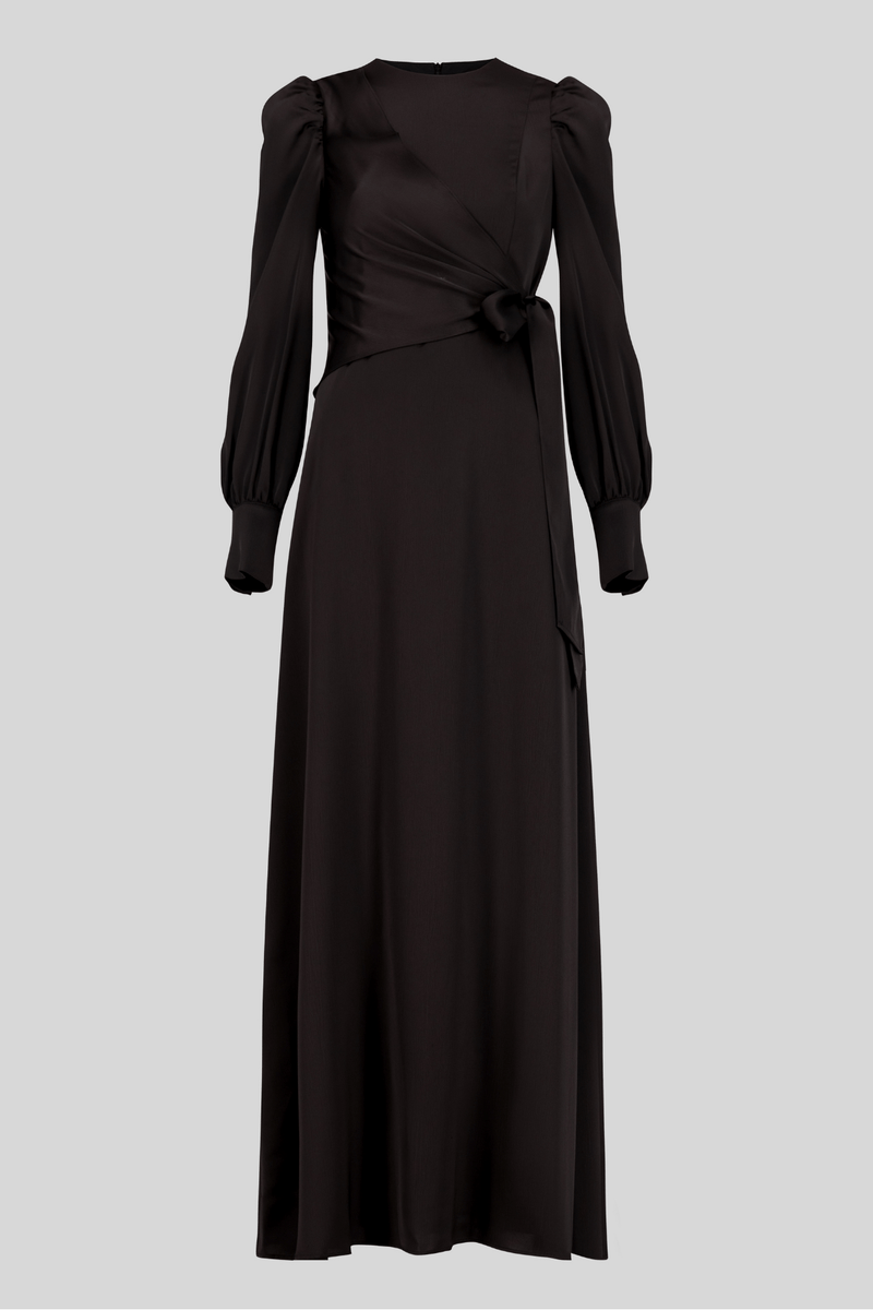 Chamomel Dresses Classic Elegant Satin Wrap Maxi Dress - Black