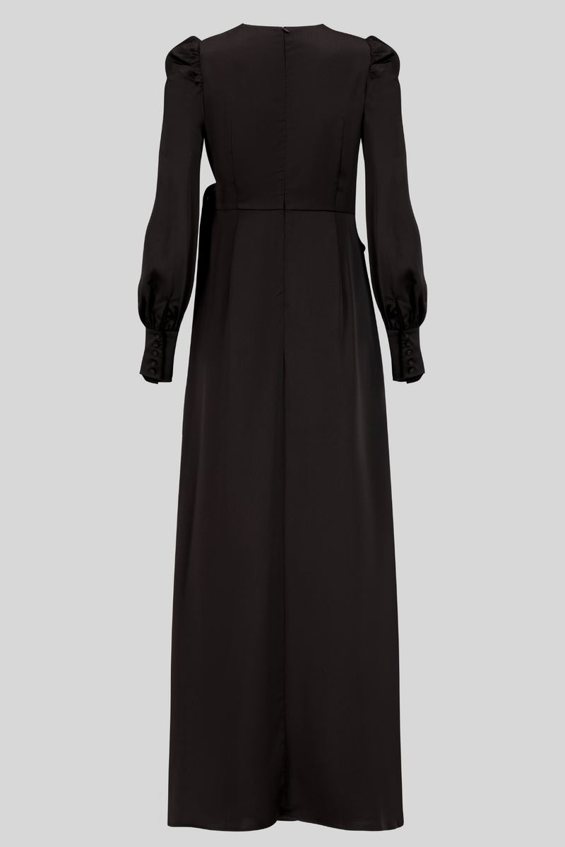 Chamomel Dresses Classic Elegant Satin Wrap Maxi Dress - Black