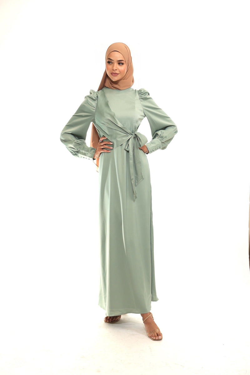 Chamomel Dresses Classic Elegant Satin Wrap Maxi Dress - Light Green