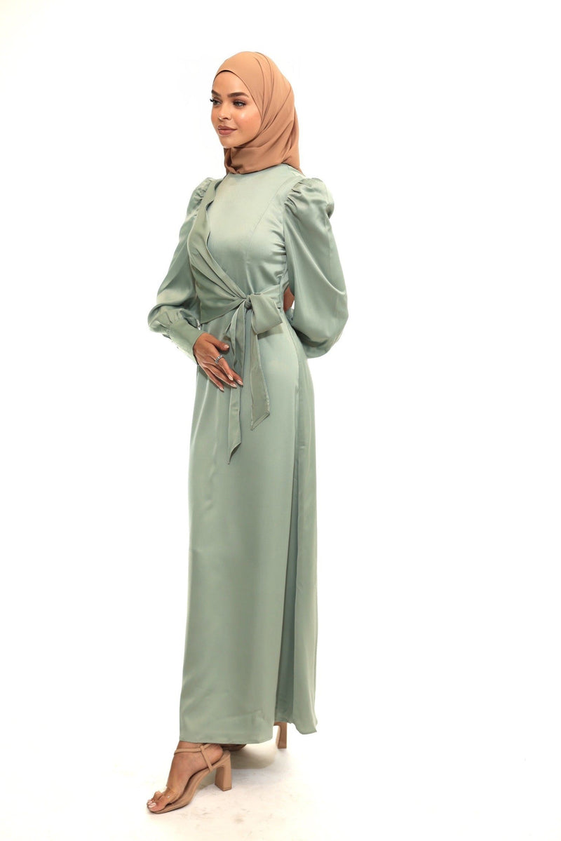 Chamomel Dresses Classic Elegant Satin Wrap Maxi Dress - Light Green