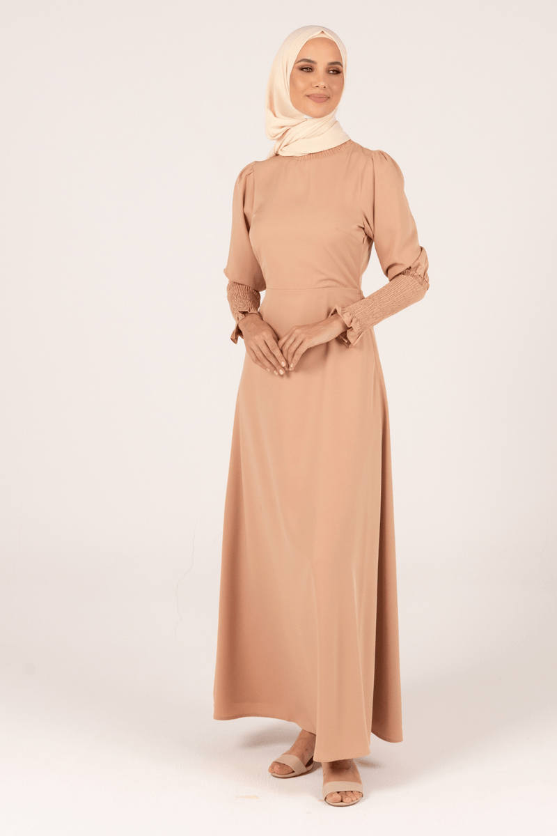 Chamomel Dresses Classic Smocked Sleeves Floral Maxi Crepe Dress - Peach