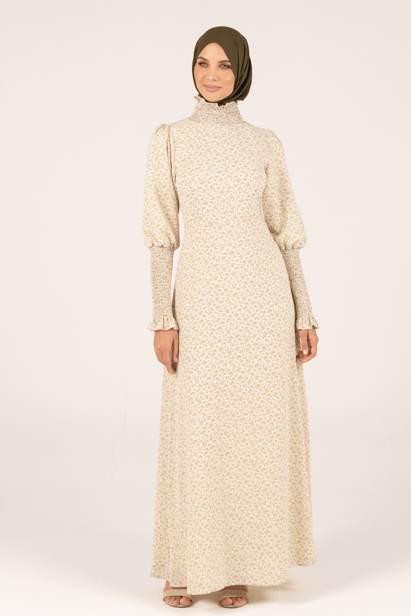 Chamomel Dresses Classic Smocked Sleeves Floral Maxi Dress - Beige