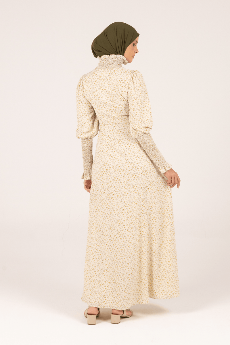 Chamomel Dresses Classic Smocked Sleeves Floral Maxi Dress - Beige