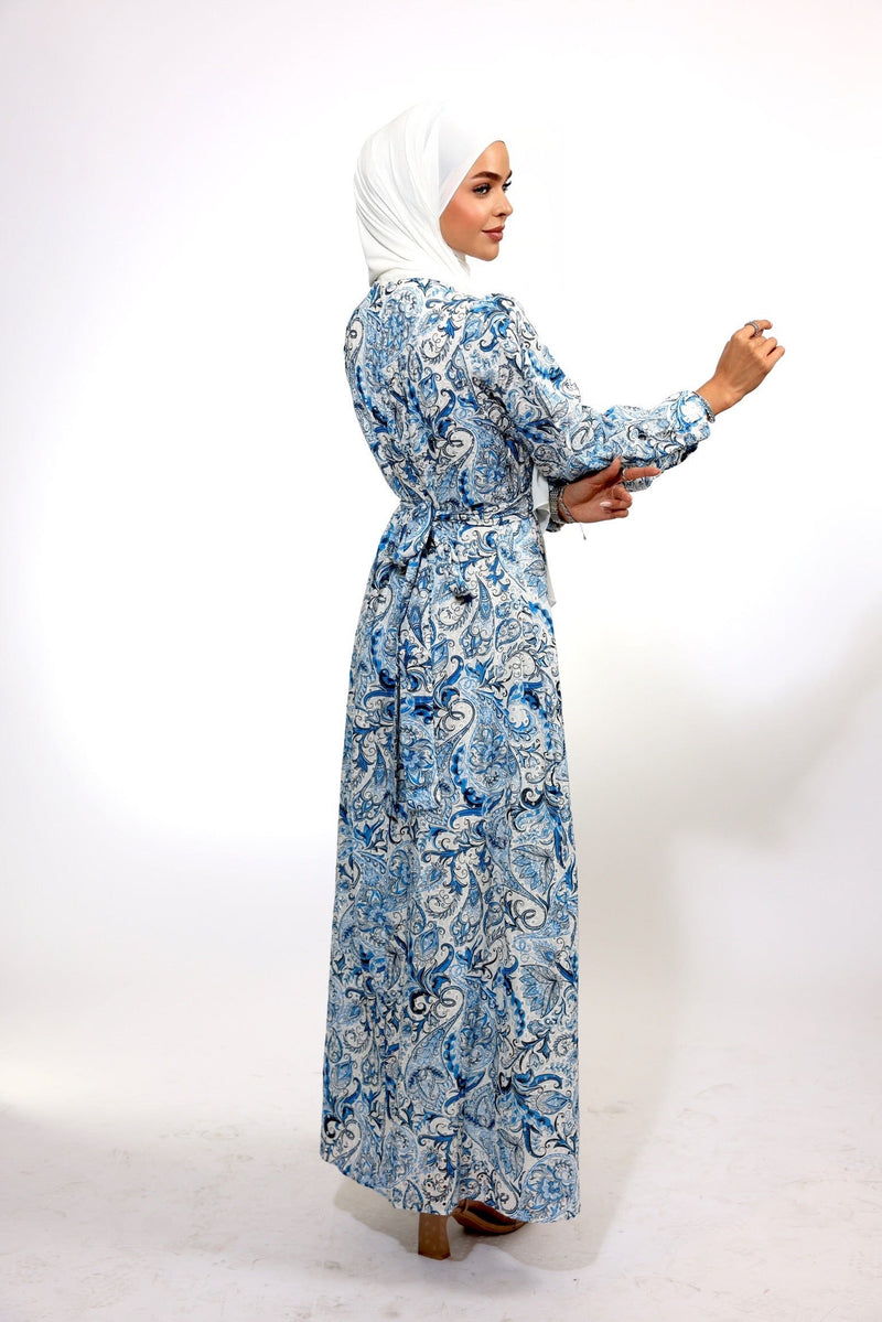 Chamomel Luxury 100% Printed Cotton Modest Dress - Blue