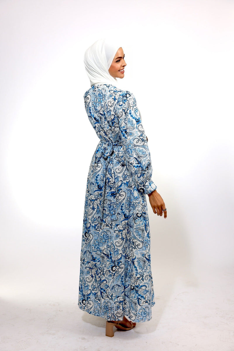 Chamomel Luxury 100% Printed Cotton Modest Dress - Blue