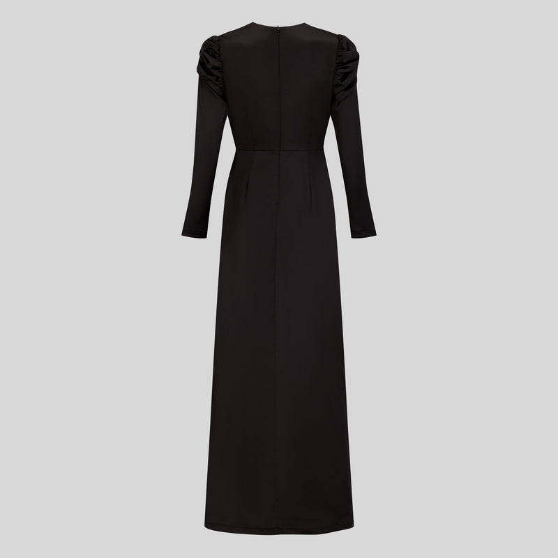 Chamomel Dresses Luxury Satin Maxi Dress With Ruching Details - Black
