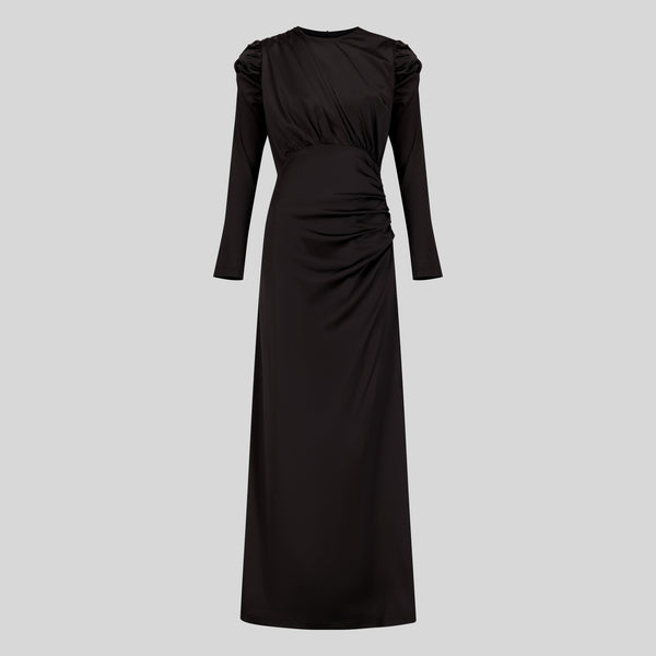 Chamomel Dresses Luxury Satin Maxi Dress With Ruching Details - Black