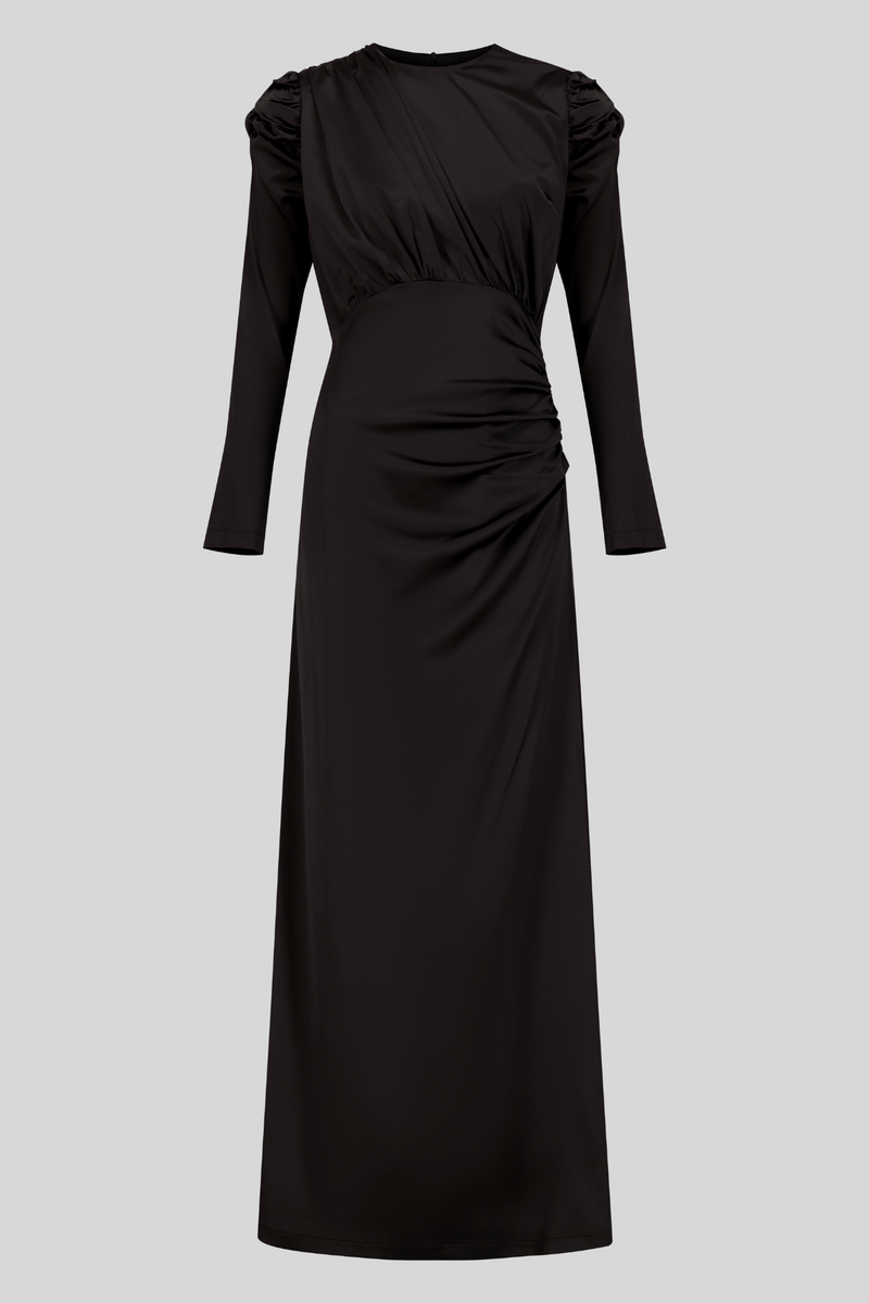 Chamomel Dresses Luxury Satin Maxi Dress With Ruching Details - Black