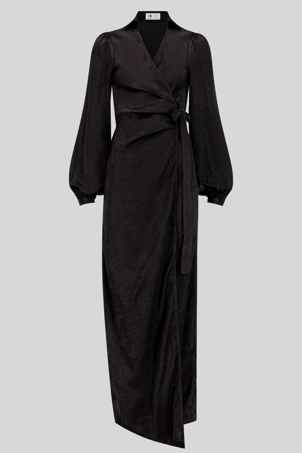 Chamomel Dresses Luxury Velvet Satin Maxi Wrap Dress - Black