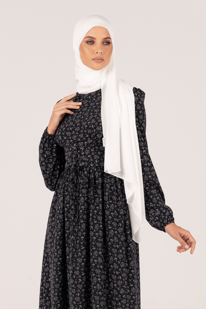 Chamomel Dresses Modest Floral A-Line Bishop Sleeves Front Lantern - Navy Blue