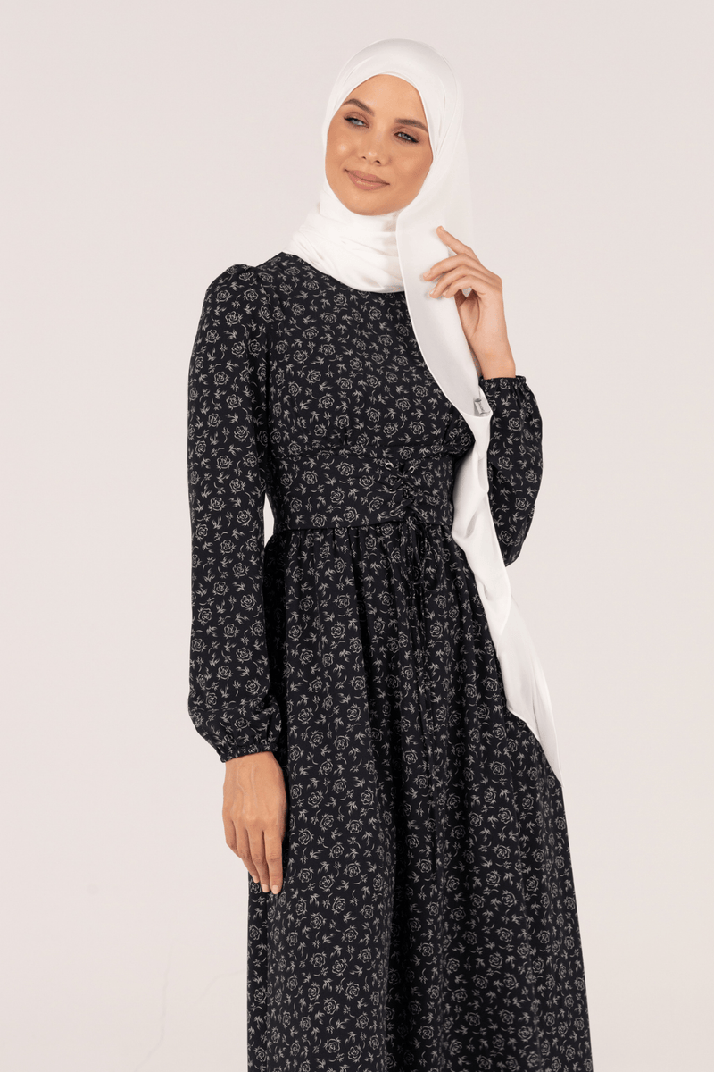 Chamomel Dresses Modest Floral A-Line Bishop Sleeves Front Lantern - Navy Blue