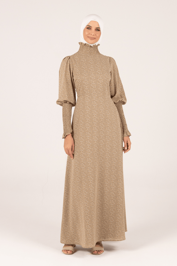 Chamomel Dresses Smocked Sleeves Floral Maxi Dress - Khaki