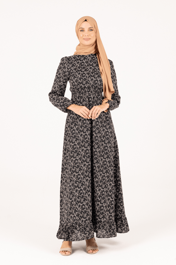 Chamomel Dresses Smocked Waist Bishop Sleeves Floral Maxi Dress - Black