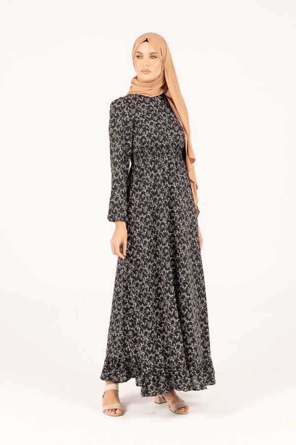 Chamomel Dresses Smocked Waist Bishop Sleeves Floral Maxi Dress - Black