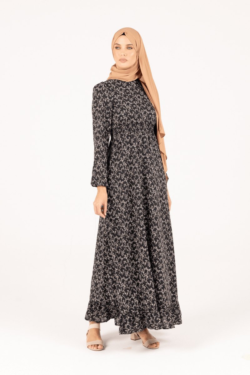 Chamomel Dresses Smocked Waist Bishop Sleeves Floral Maxi Dress - Black