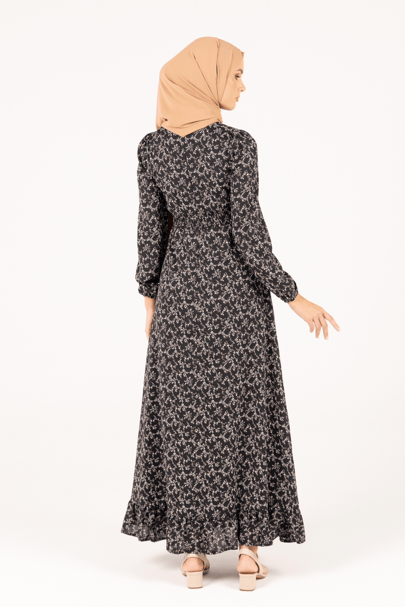 Chamomel Dresses Smocked Waist Bishop Sleeves Floral Maxi Dress - Black