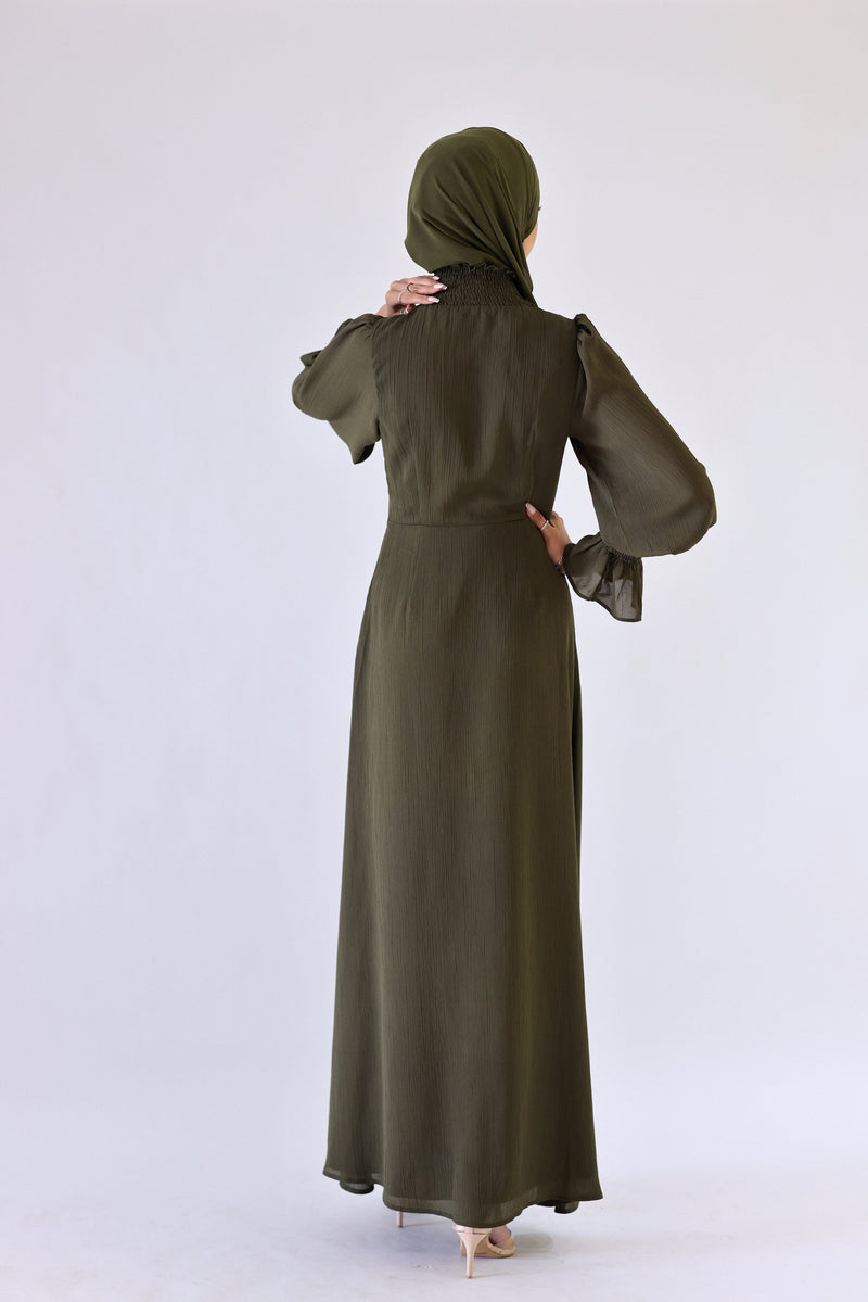 Classic Smocked Sleeves Ruffle Neck Maxi Chiffon Dress - Olive Green