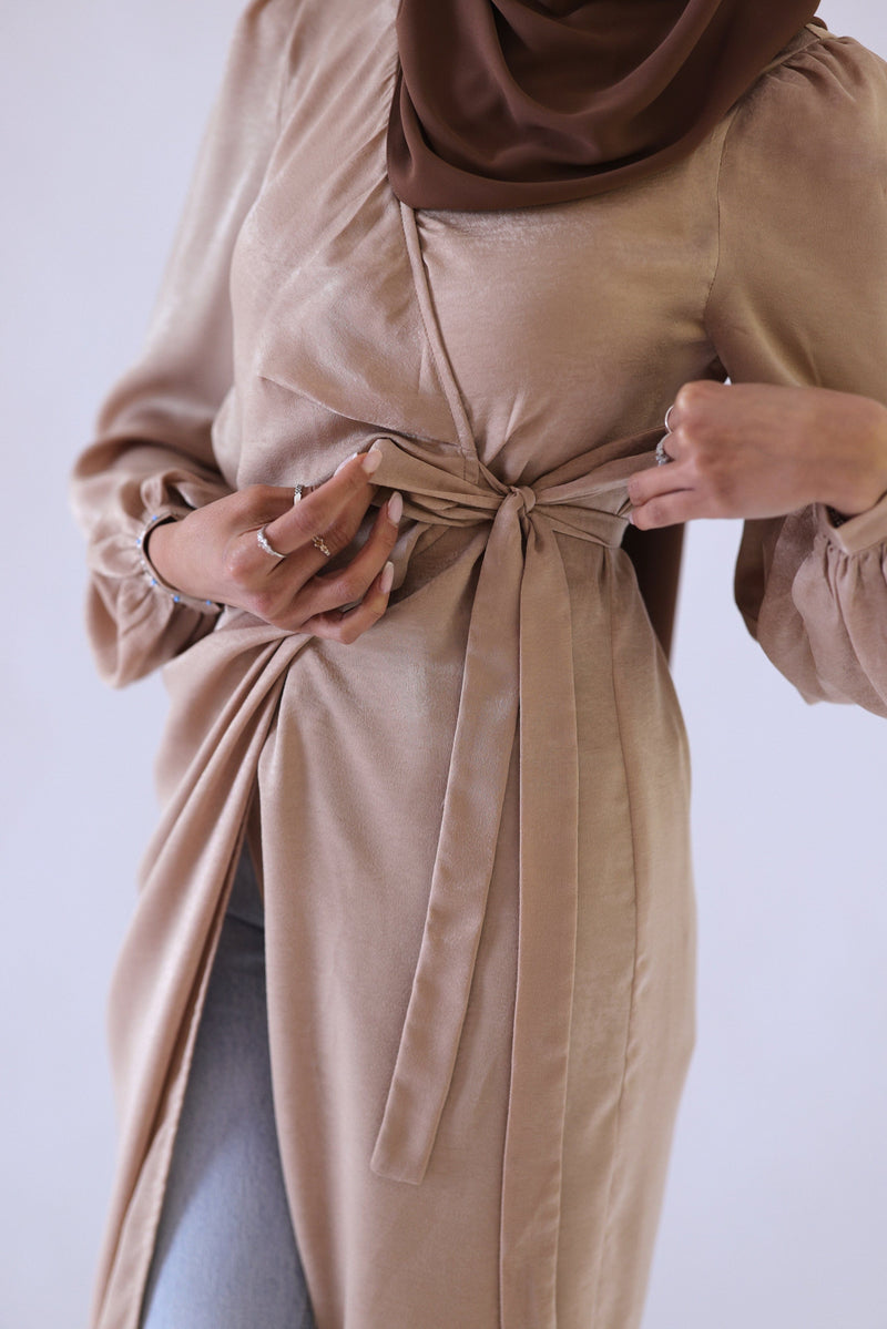 Luxury Velvet Satin Maxi Wrap Dress - Camel