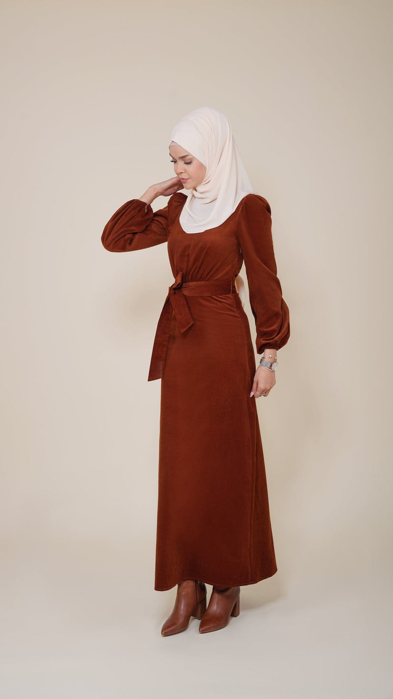 Chamomel Dresses 100% Corduroy Cotton Belted Dress - Brown