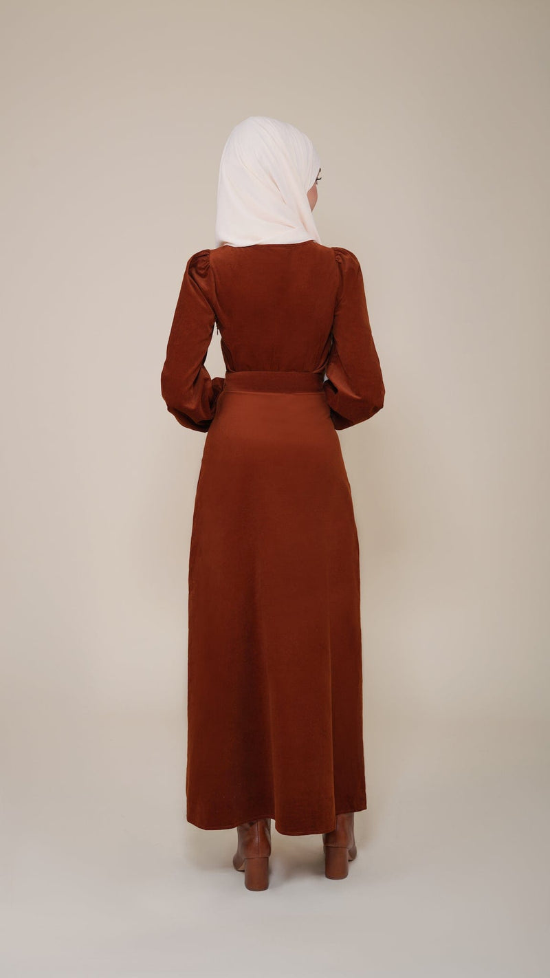 Chamomel Dresses 100% Corduroy Cotton Belted Dress - Brown