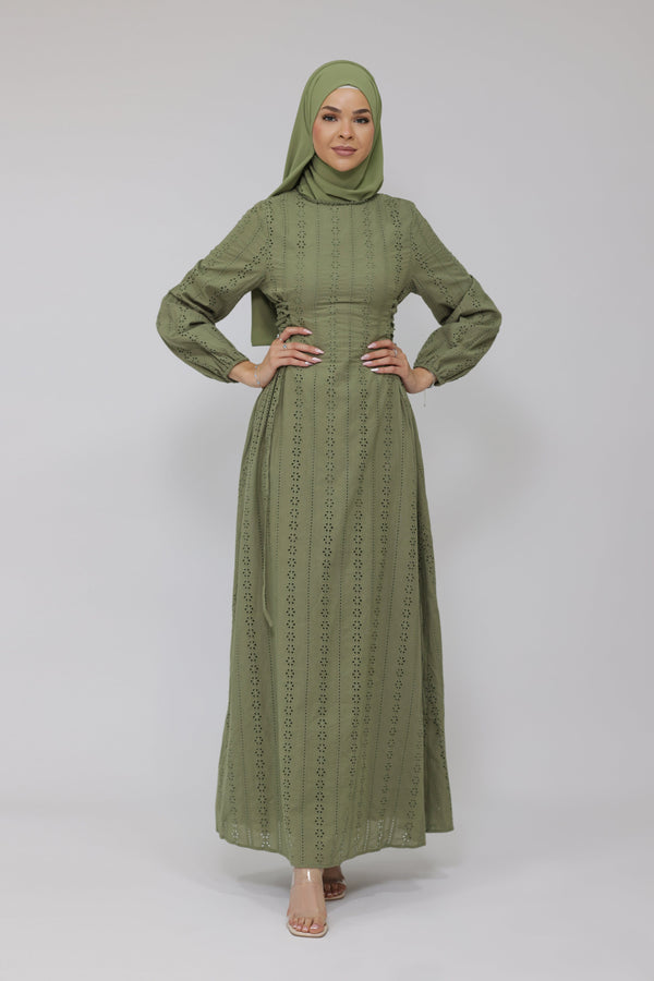 Chamomel Dresses 100% cotton lace embroidery dress - Olive Green