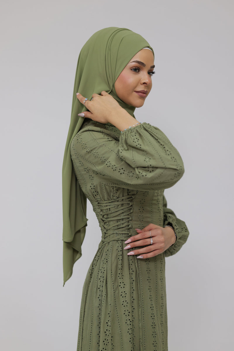 Chamomel Dresses 100% cotton lace embroidery dress - Olive Green