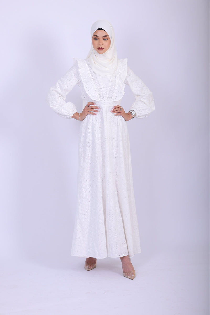 Chamomel 100% Cotton Modest Beach Ruffles Dress - White