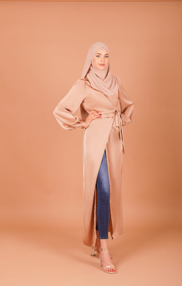 Chamomel Dresses 36 / camel Luxury Satin Maxi Wrap Dress - Camel