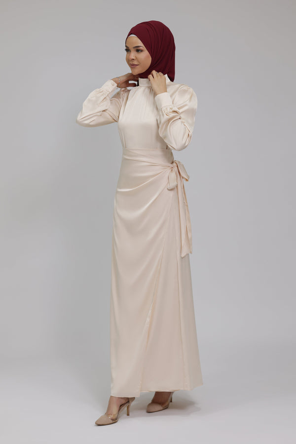 Chamomel Dresses 36 Classic Wrap Satin Maxi Dress - Beige