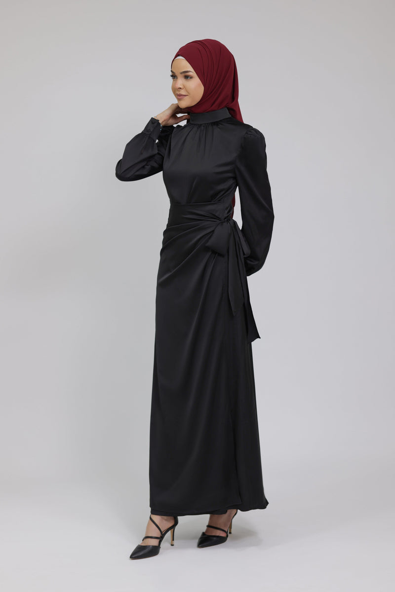 Chamomel Dresses 36 Classic Wrap Satin Maxi Dress - Black