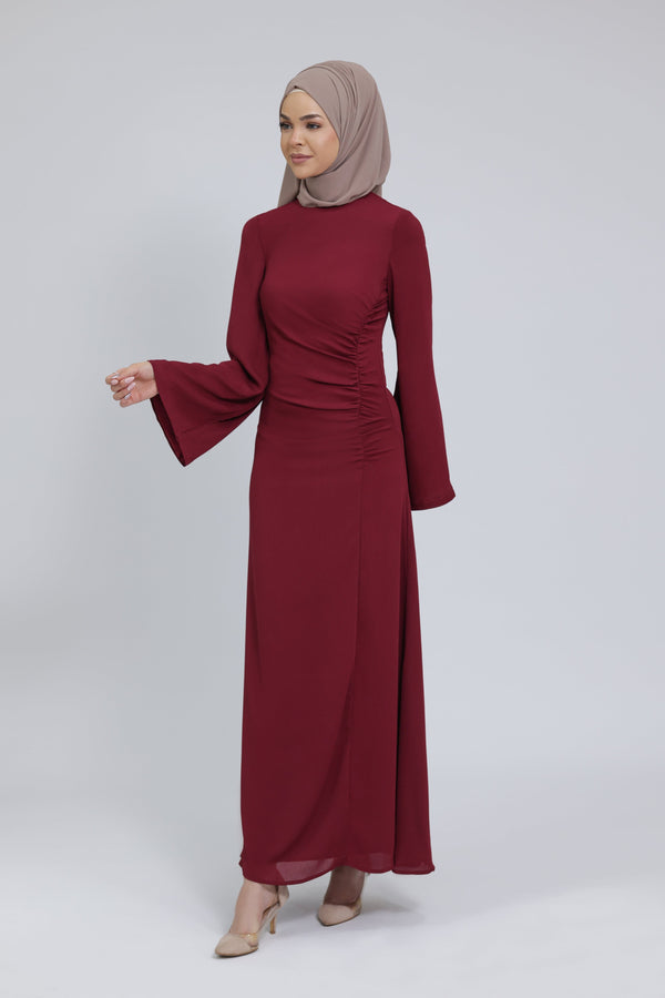 Chamomel Dresses 36 Split Thigh Ruched Chiffon Dress - Maroon Red