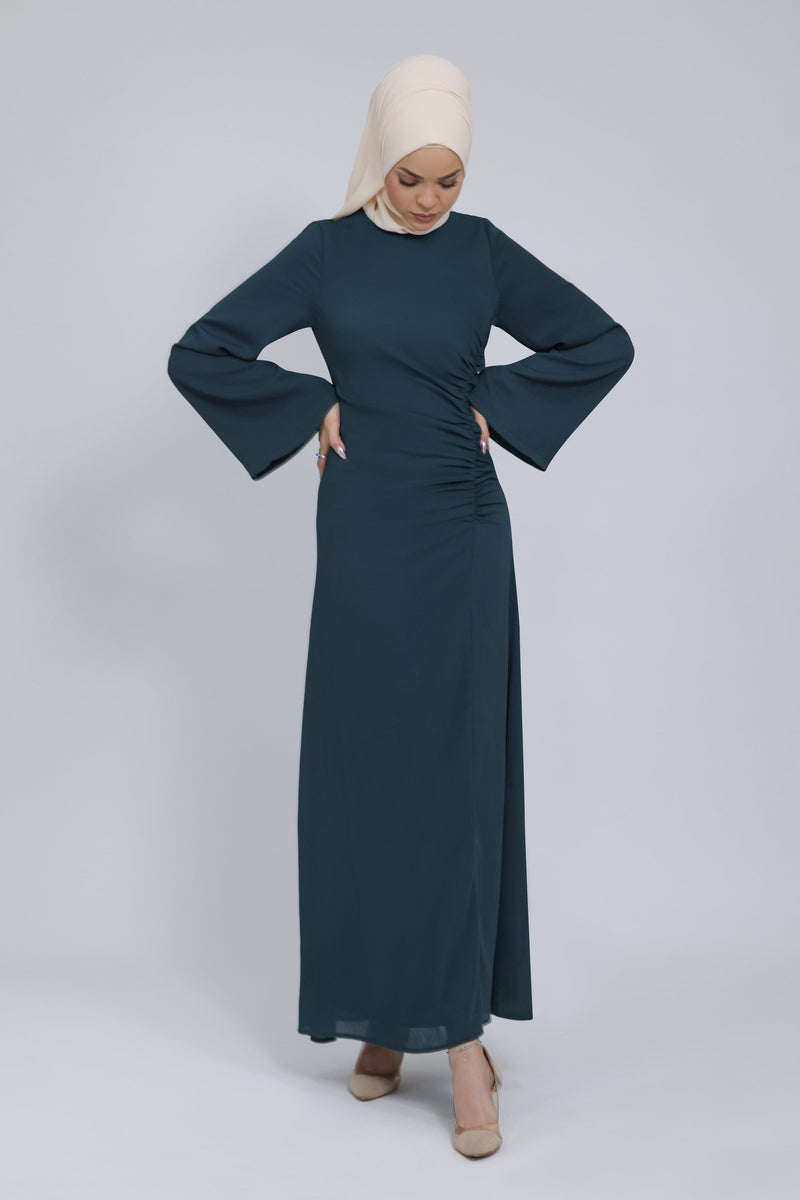 Chamomel Dresses 36 Split Thigh Ruched Chiffon Dress - Turquoise