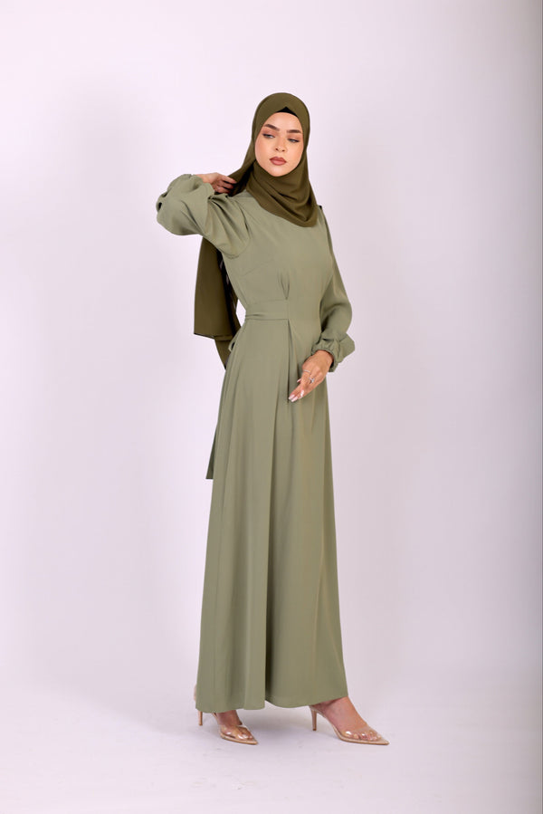 Elegant Maxi Crepe Belted  Dress - Green